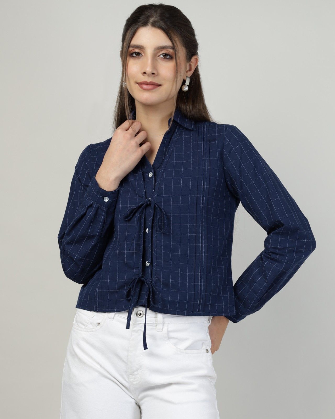 Navy Blue Checked Double Paneled Shirt